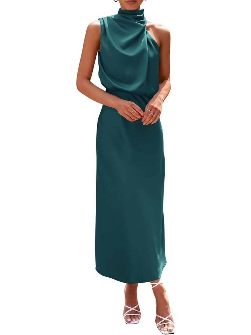 Women's Dark Green Summer Cocktail Satin Maxi Sleeveless Mock Neck Formal Dress